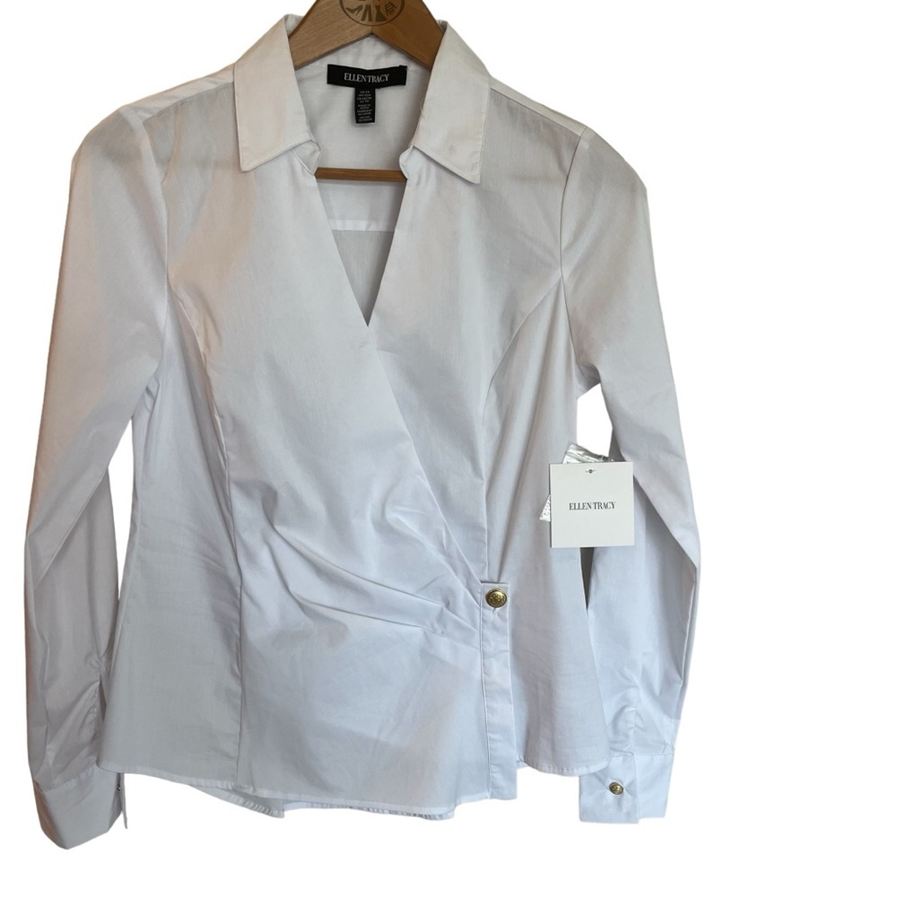 Ellen Tracy White Long Sleeve Wrap Cotton Blend Blouse. Size XS. NWT